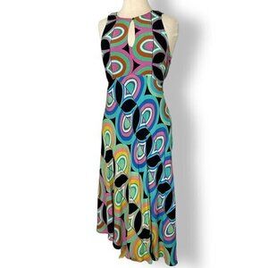Anthropologie Kenzie Multicolor Mod Sleeveless Asymmetrical Midi Dress Sz 4